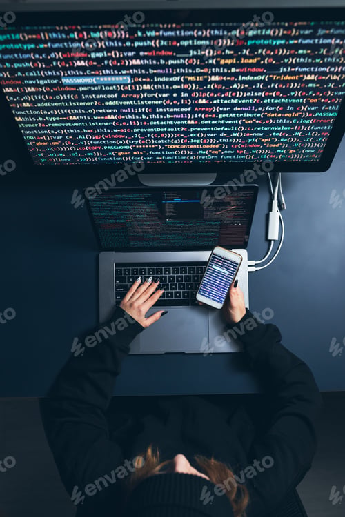 Preview: Cyber security threat. Young woman using computer and coding. Internet and network security