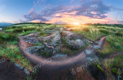 Preview: Colorful summer landscape with big stones, green grass