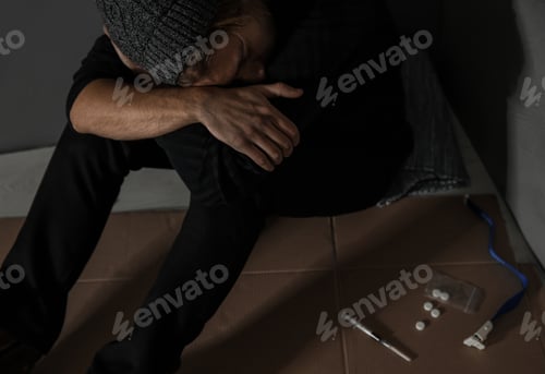Preview: Stoned drug addict sitting on floor near grey wall