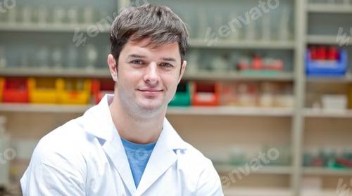 Preview: Man wearing white lab coat standing in laboratory among metal shelves with colored bins, glassware