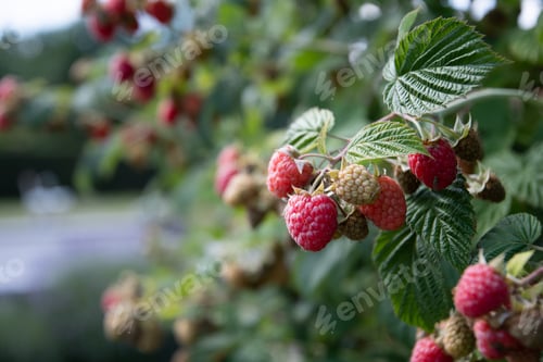 Preview: abundance of red ripe raspberries on the bushes in the garden, fresh berries