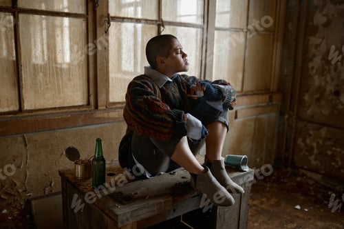 Preview: Punk female beggar suffering from nicotine and drug addiction