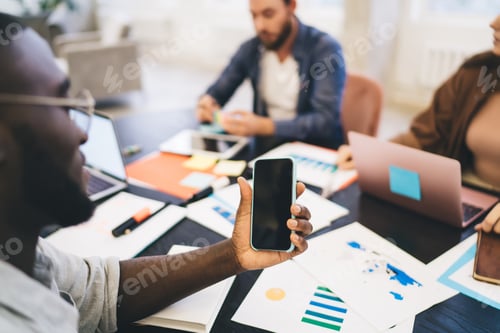 Preview: Crop guy with mockup phone working in advertising company