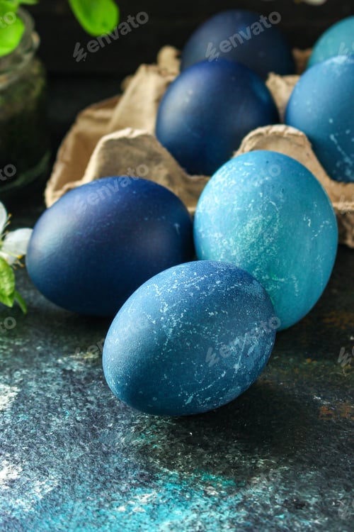 Preview: Easter Eggs Painted Blue Treat Festive Table Rustic Meal Top View Copy Space For Text Food