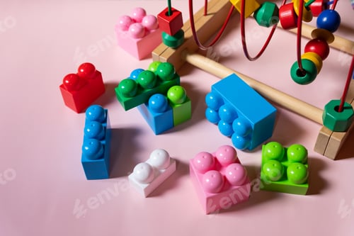 Preview: Plastic blocks, maze with wooden beads.concept of education, child development, logic and ingenuity.