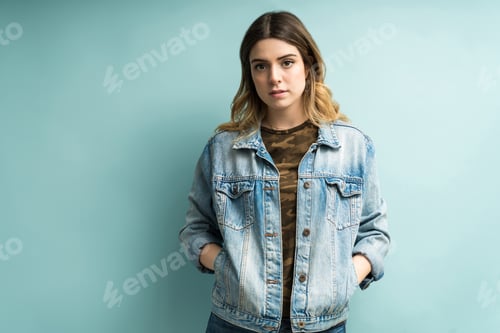 Preview: Beautiful Female Wearing Denim Jacket In Studio