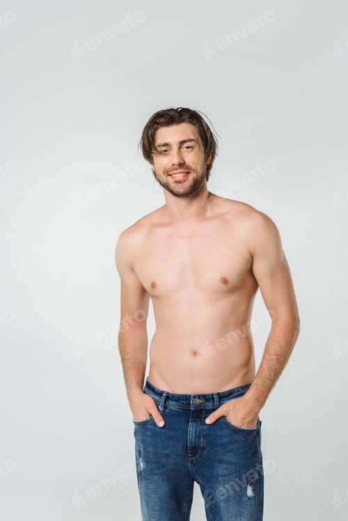 Preview: portrait of happy shirtless man in jeans isolated on grey