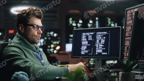 Preview: IT programer working keyboard desktop computer data center control room closeup