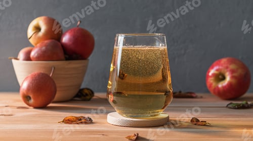 Preview: Sparkling golden apple cider in modern glass on wooden coaster, fresh apples in background