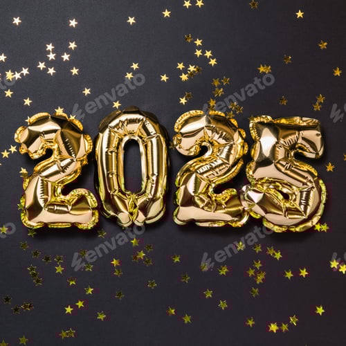 Preview: New year 2025 celebration card. Gold number 2025, party decoration on dark black background.