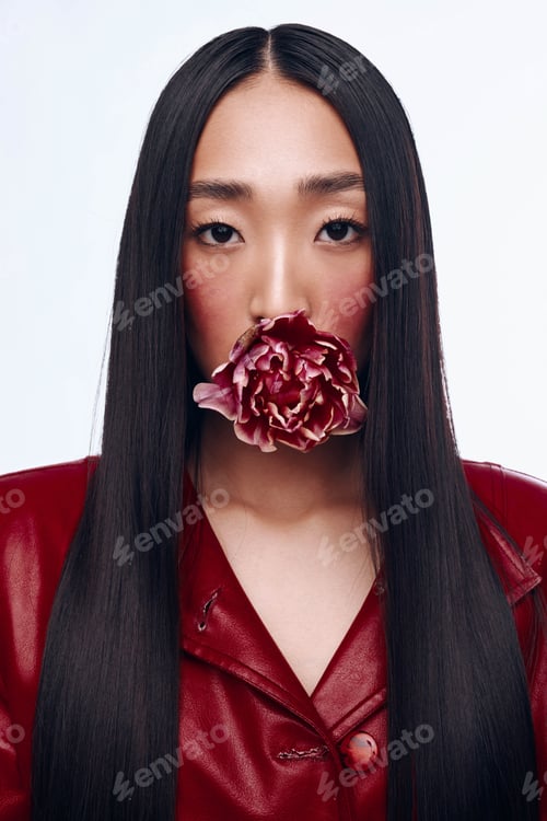 Preview: Beautiful young woman with long black hair wearing a red jacket and holding a flower in her mouth
