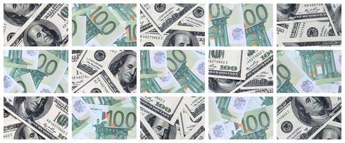 Preview: A collage of many images of euro banknotes in denominations of 100 and 500 euros lying in the heap