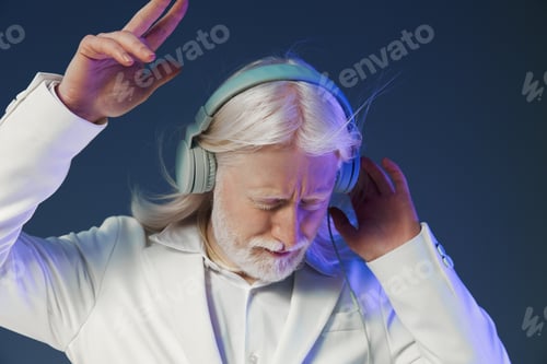 Preview: Elderly man enjoying music with headphones, dressed in a stylish white suit, against a gradient blue