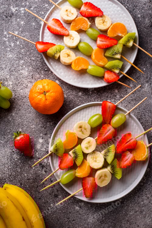 Preview: Colorful Fruit Skewers on Plates, Healthy Eating Concept