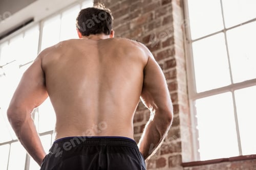 Preview: Rear view of a muscular man showing his body at the gym
