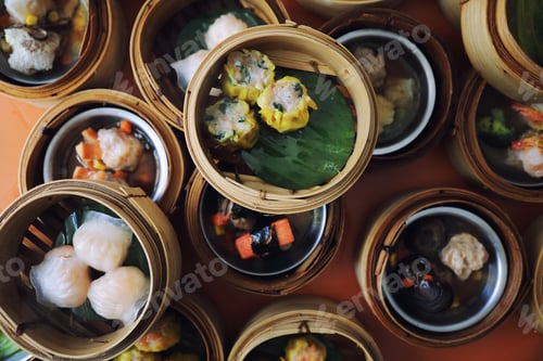 Preview: Dim Sum On Wood Basket , Chinese Food Top View