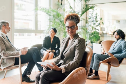 Preview: Italy, Portrait of businesswoman with tablet at meeting in creative studio