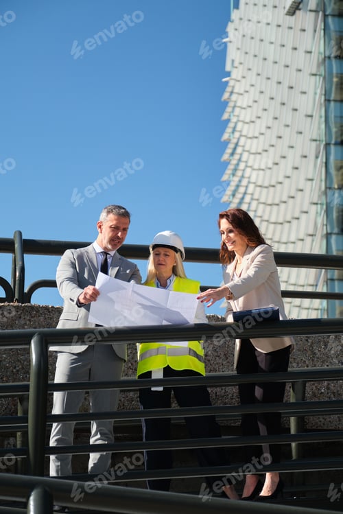 Preview: Architects and engineer reviewing blueprints on construction site