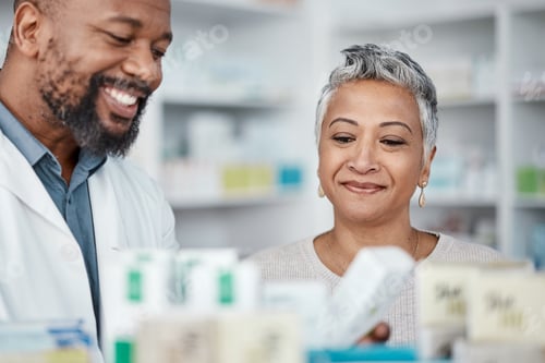 Preview: Pharmacy, medicine and senior woman consulting pharmacist on prescription. Healthcare, shopping and