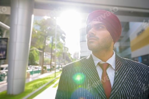 Preview: Portrait of Indian businessman outdoors in city with lens flare