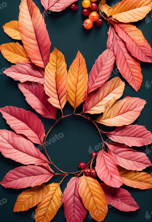 Preview: Autumn wreath made of leaves, berries, mockup flat lay with copy space.Weeding and party invitation