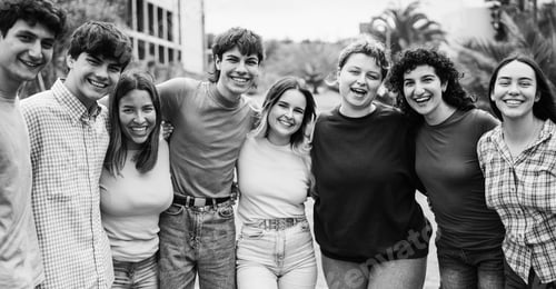 Preview: Young group of friends having fun outdoor with school university in background