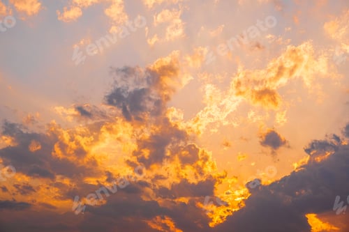 Preview: View of of sky. Orange blue and violet color sunset sky background
