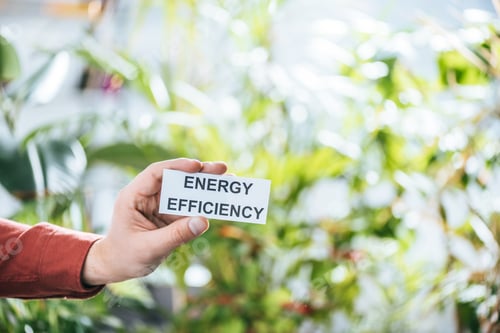 Preview: cropped view of man holding card with lettering, energy efficiency at home concept