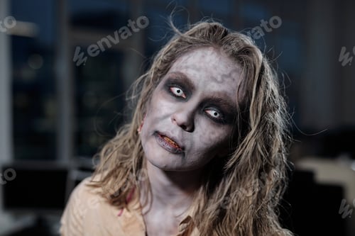 Preview: Zombie female standing in dark room or office