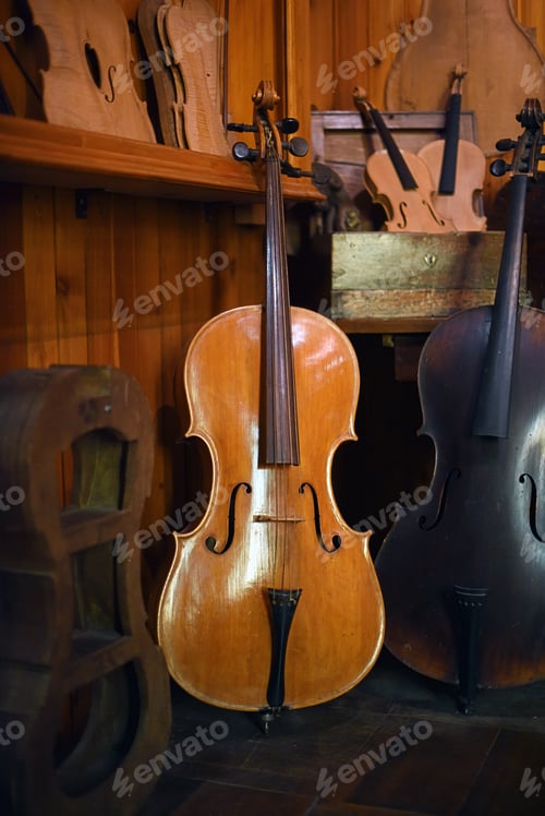 Preview: Cellos standing in luthier workshop
