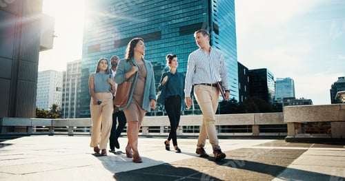 Preview: Professional, walking and team of business people in city on morning commute, travel and journey. C
