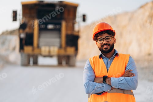 Preview: Smiling bearded middle eastern man wearing orange vest and hard hat with crossed arms