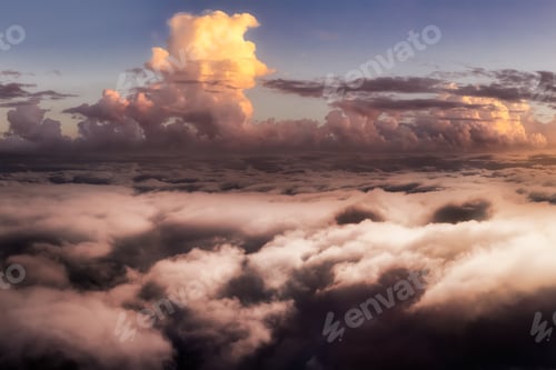 Preview: Dramatic Aerial Panoramic View of Cloudscape during a colorful sunset