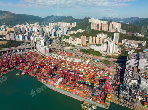 Preview: Hong Kong 04 December 2021: Top view of cargo terminal port in Hong Kong city