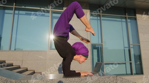 Preview: Busy funny girl in hijab business woman user lady typing on laptop standing in hand position