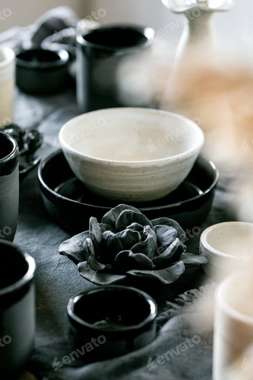 Preview: Rustic table setting with empty craft handmade ceramic tableware