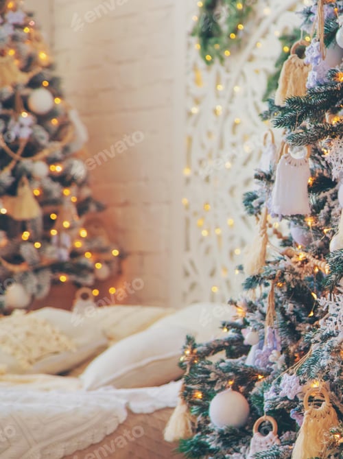 Christmas Trees Decorated with Lights and Ornaments