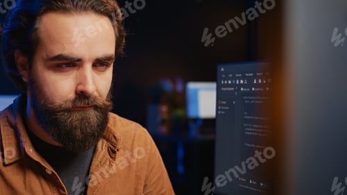 Preview: Focused software developer in home office doing coding on computer, close up
