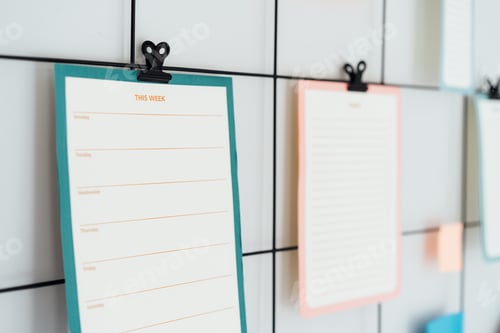 Preview: Close up grid mood inspiration board with mockup empty Weekly Check list for today plans