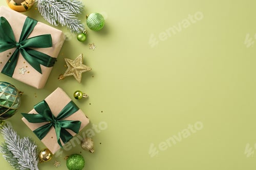 Visualização: Crie uma atmosfera festiva de férias. Caixas de presente com vista superior, enfeites de árvores cintilantes, enfeites verdes e dourados