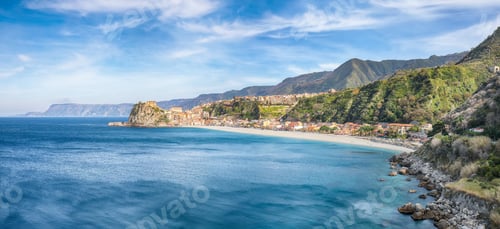 Preview: Aerial top view of sandy beach of Tyrrhenian sea bay gulf coast shore of town Scilla