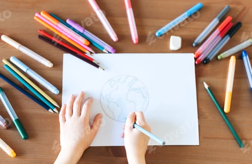Preview: Child girl drawing with colorful pencils