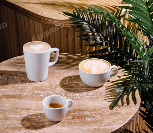 Preview: Three cups of coffee sitting on a table with a palm tree in the background
