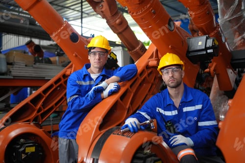 Preview: Engineer check and control automation robot arms machine in factory. robotics manufacturing.