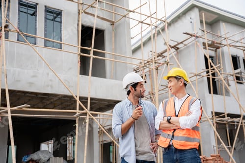 Preview: The engineer manager and foremen discussed and pointed to the site projects on the construction site