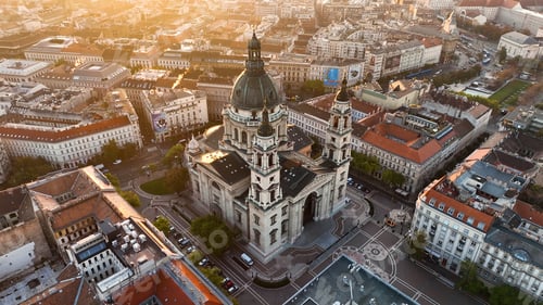 Preview: Aerial view of Budapest city skyline and St Stephens Basilica at sunrise