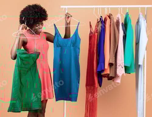 Preview: Black Young Woman Shopping Choosing Between Two Dresses, Yellow Background