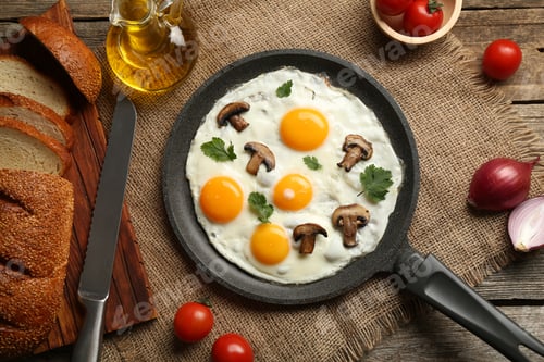 Preview: Tasty fried eggs with mushrooms and parsley served on wooden table, flat lay