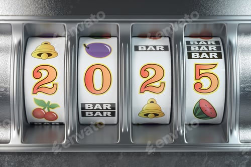 Preview: 2025 Happy New Year in casino. Slot machine with jackpot number 2025. 3d illustration