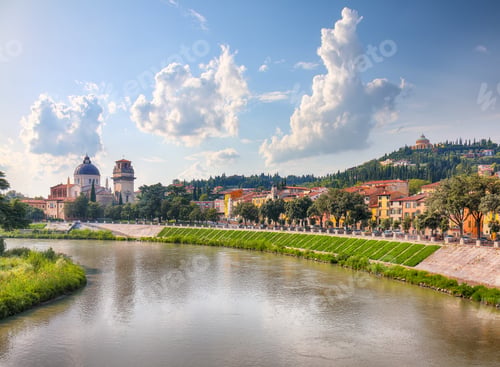 Preview: Fabulous Verona cityscape view on the riverside with historical buildings and towers.
